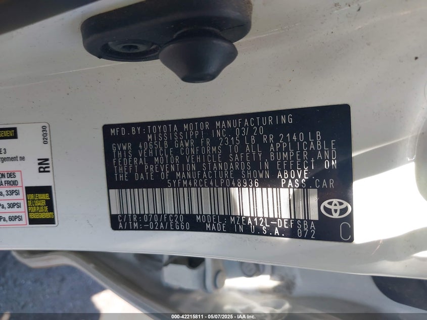 2020 TOYOTA COROLLA SE  6MT - 5YFM4RCE4LP048936