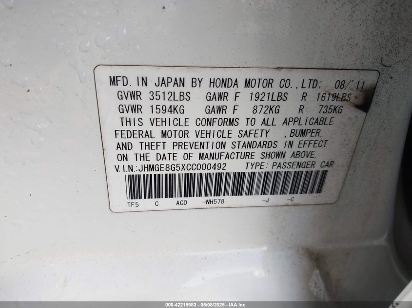 2012 HONDA FIT VIN: JHMGE8G5XCC000492