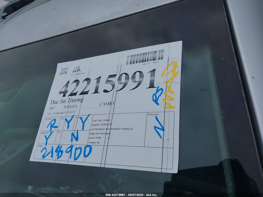 2007 TOYOTA CAMRY VIN: 4T1BE46K57U576353