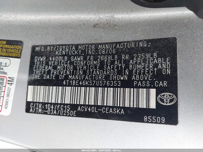2007 TOYOTA CAMRY VIN: 4T1BE46K57U576353