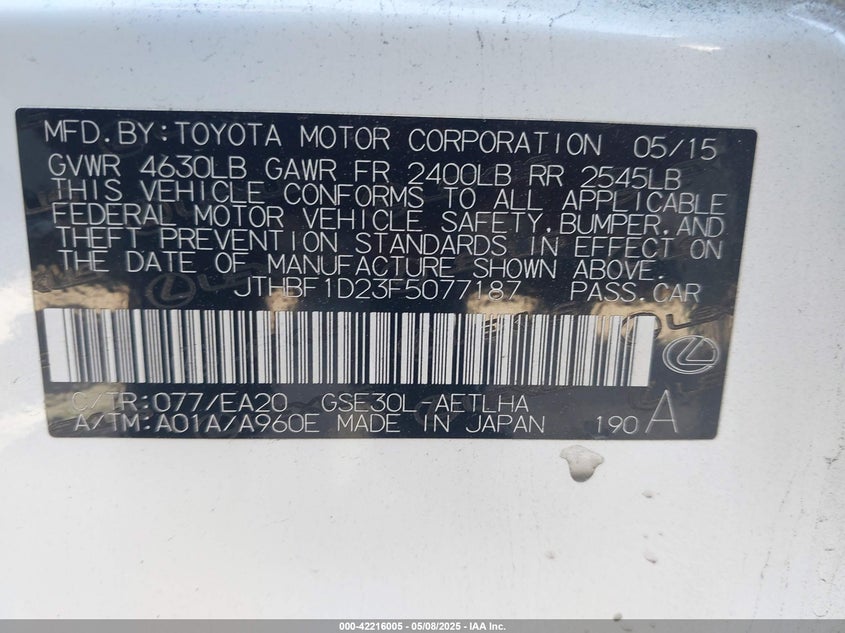 2015 LEXUS IS 250 VIN: JTHBF1D23F5077187