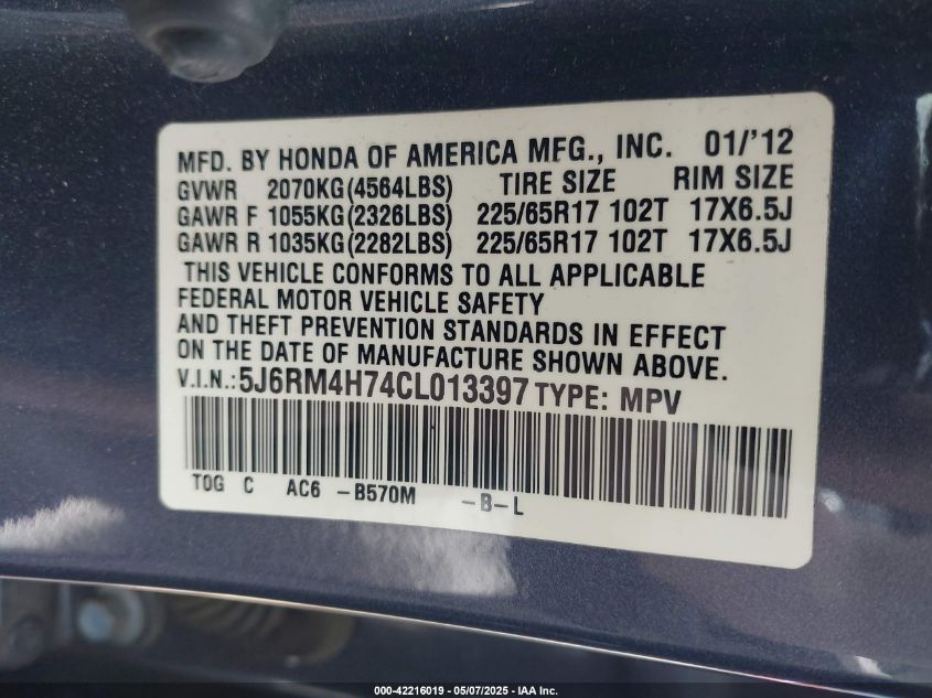 2012 Honda Cr-V Ex-L VIN: 5J6RM4H74CL013397 Lot: 42216019
