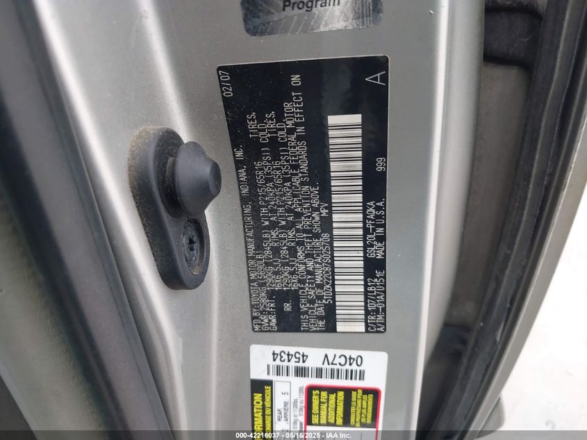 2007 Toyota Sienna Xle VIN: 5TDZK22C87S025708 Lot: 42216037