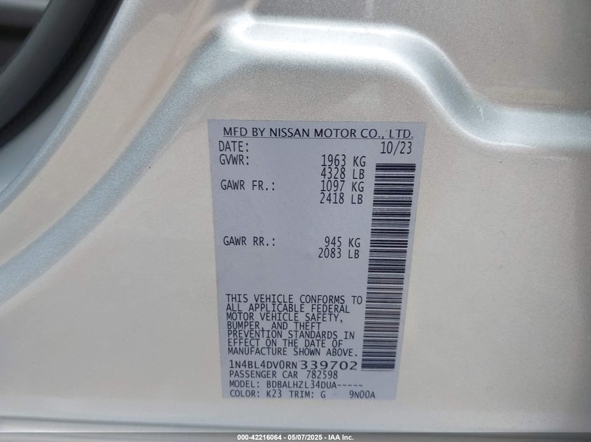 2024 NISSAN ALTIMA VIN: 1N4BL4DV0RN339702