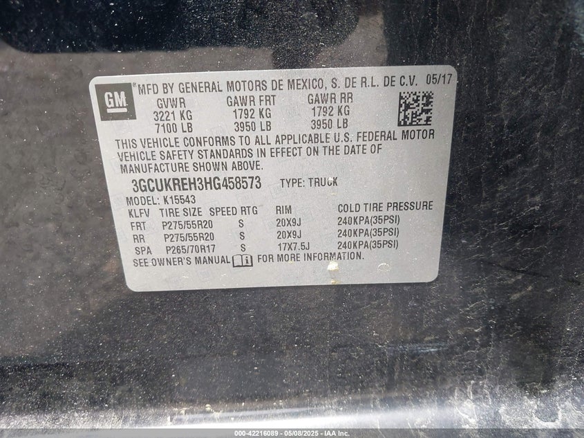 2017 CHEVROLET SILVERADO 1500 VIN: 3GCUKREH3HG458573