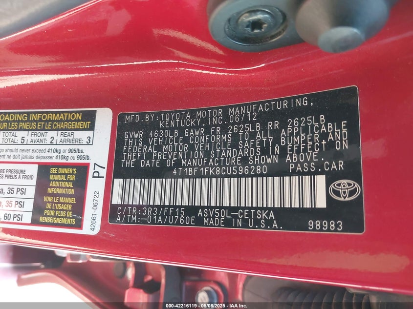 2012 TOYOTA CAMRY VIN: 4T1BF1FK8CU596280