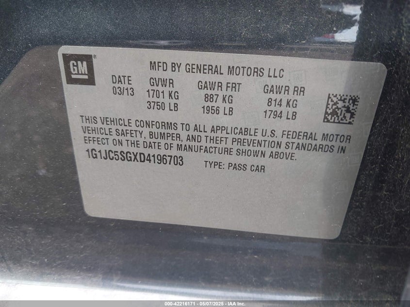 2013 CHEVROLET SONIC VIN: 1G1JC5SGXD4196703