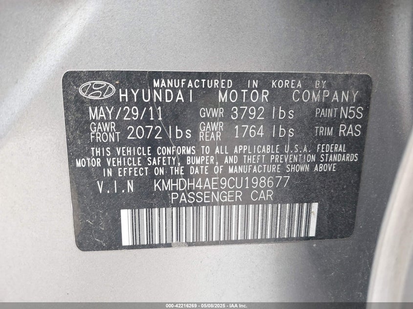 2012 HYUNDAI ELANTRA VIN: KMHDH4AE9CU198677