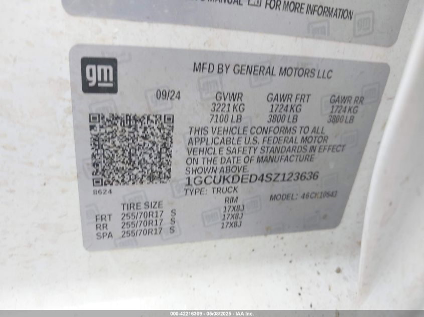 2025 Chevrolet Silverado 1500 4Wd Standard Bed Lt VIN: 1GCUKDED4SZ123636 Lot: 42216309