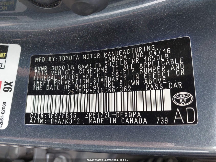 2016 TOYOTA COROLLA VIN: 2T1BPRHE4GC661362
