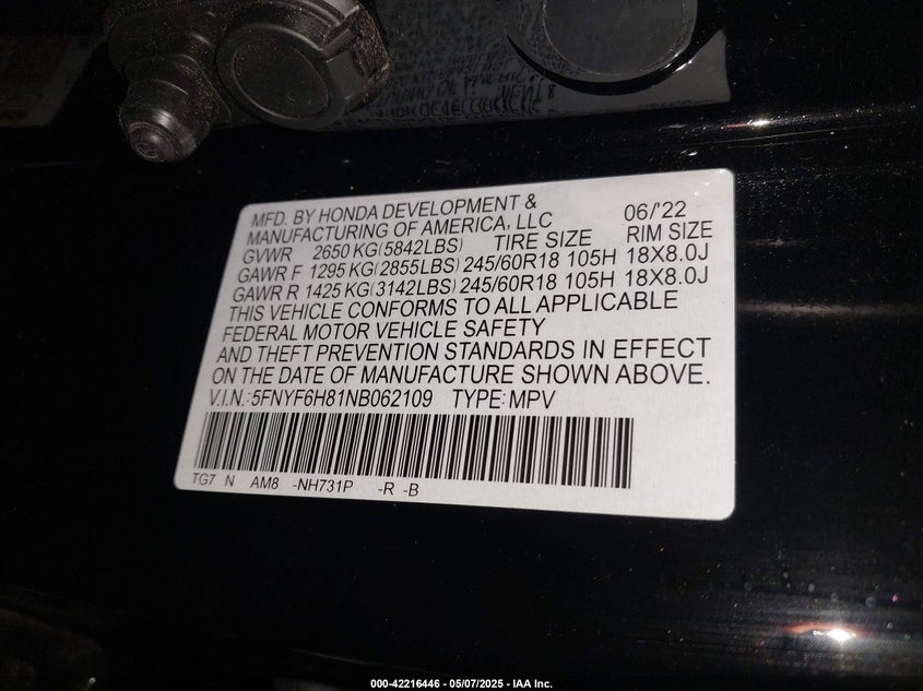 2022 HONDA PILOT VIN: 5FNYF6H81NB062109