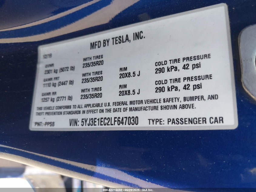 2020 TESLA MODEL 3 VIN: 5YJ3E1EC2LF647030