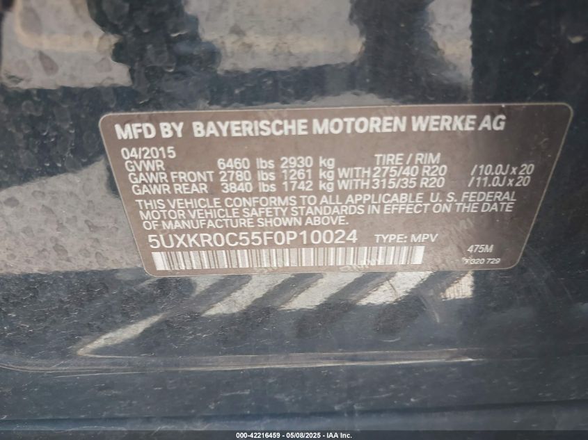 2015 BMW X5 xDrive35I VIN: 5UXKR0C55F0P10024 Lot: 42216459