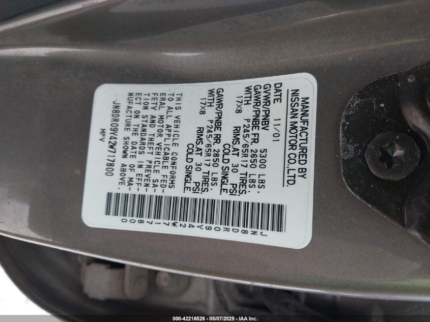 2002 Nissan Pathfinder Le VIN: JN8DR09Y42W717800 Lot: 42216526