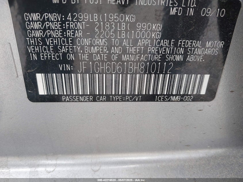 2011 SUBARU IMPREZA OUTBACK SPORT VIN: JF1GH6D61BH810112