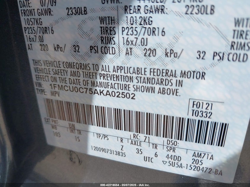 2010 FORD ESCAPE VIN: 1FMCU0C75AKA02502