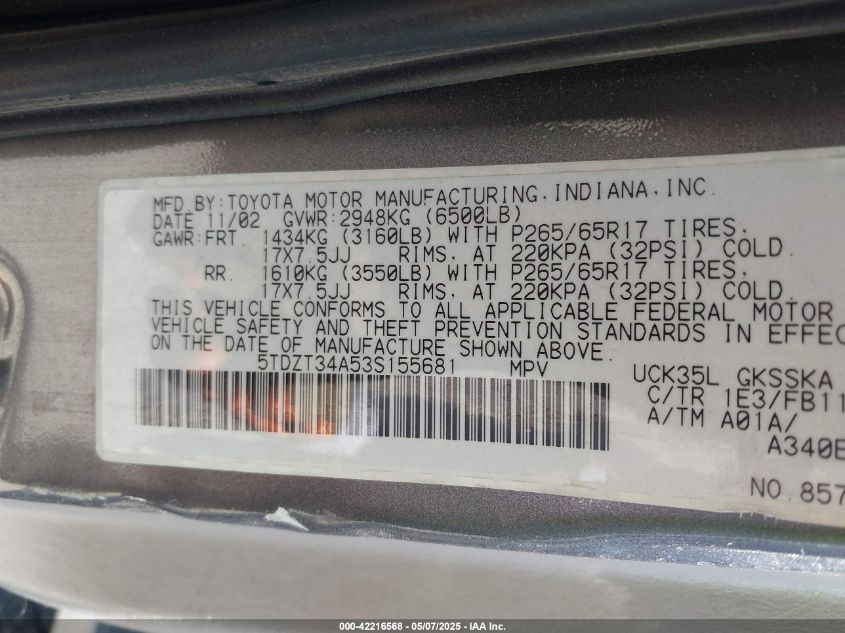 2003 Toyota Sequoia Sr5 V8 VIN: 5TDZT34A53M155681 Lot: 42216568