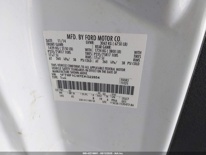 2014 FORD F-150 VIN: 1FTMF1CM7EKG22854