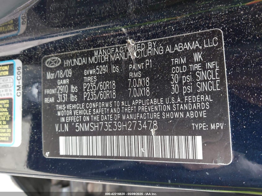 2009 HYUNDAI SANTA FE VIN: 5NMSH73E39H273478