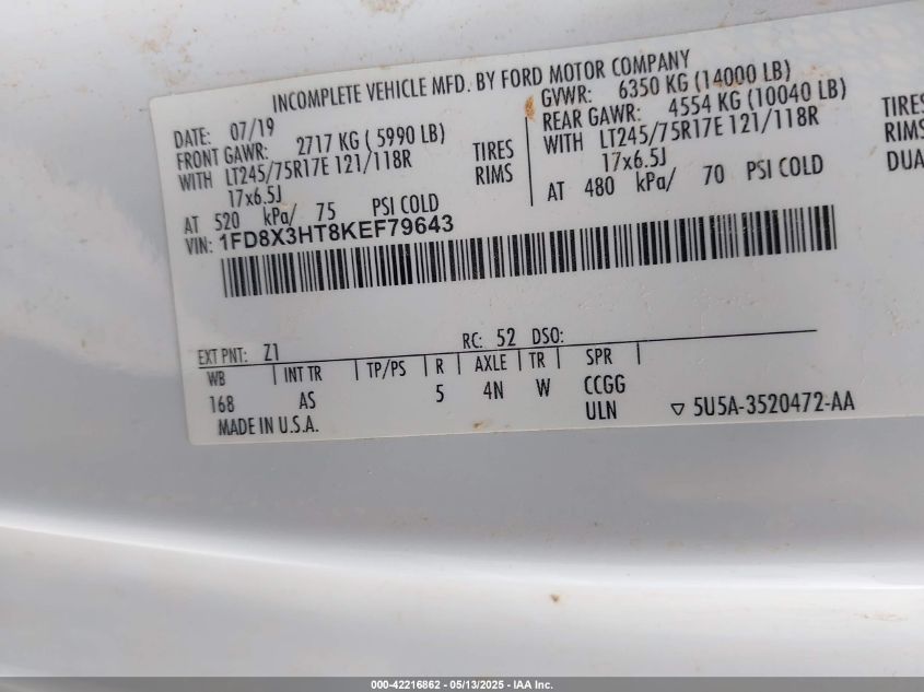 2019 Ford F-350 Chassis Xl VIN: 1FD8X3HT8KEF79643 Lot: 42216862
