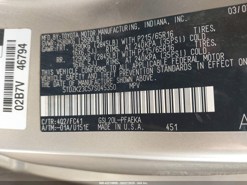 2007 TOYOTA SIENNA VIN: 5TDZK23C57S045350