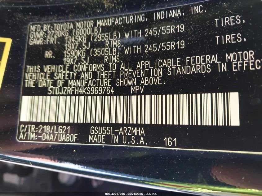 2019 Toyota Highlander Se VIN: 5TDJZRFH4KS969764 Lot: 42217096