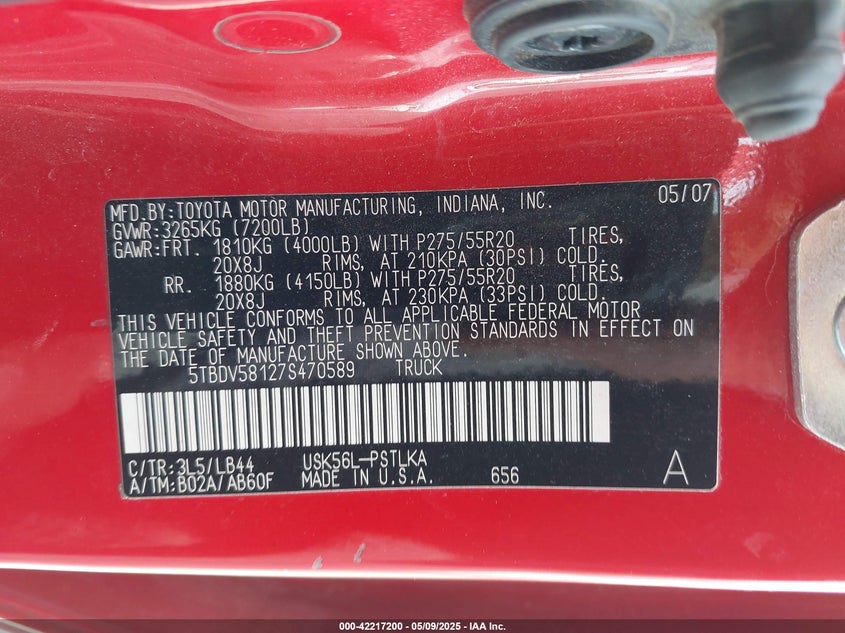 2007 TOYOTA TUNDRA VIN: 5TBDV58127S470589