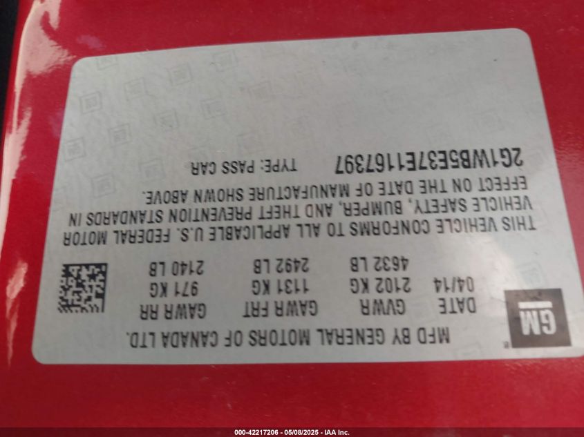 2014 Chevrolet Impala Limited Lt VIN: 2G1WB5E37E1167397 Lot: 42217206