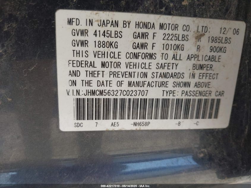 2007 Honda Accord 2.4 Se VIN: JHMCM56327C023707 Lot: 42217310