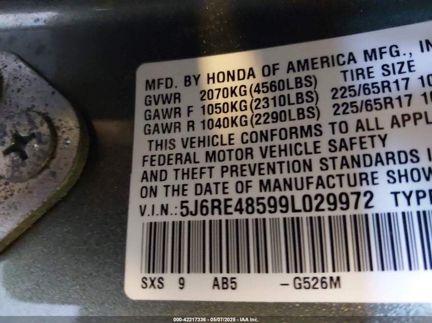 2009 Honda Cr-V Ex VIN: 5J6RE48599L029972 Lot: 42217336