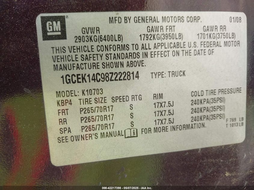 2008 Chevrolet Silverado 1500 Work Truck VIN: 1GCEK14C98Z222814 Lot: 42217398