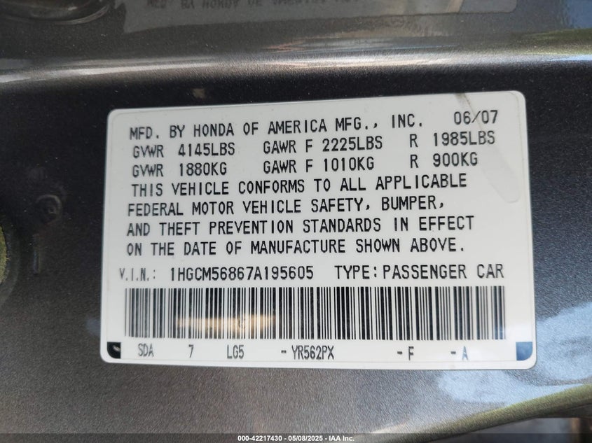 2007 HONDA ACCORD VIN: 1HGCM56867A195605
