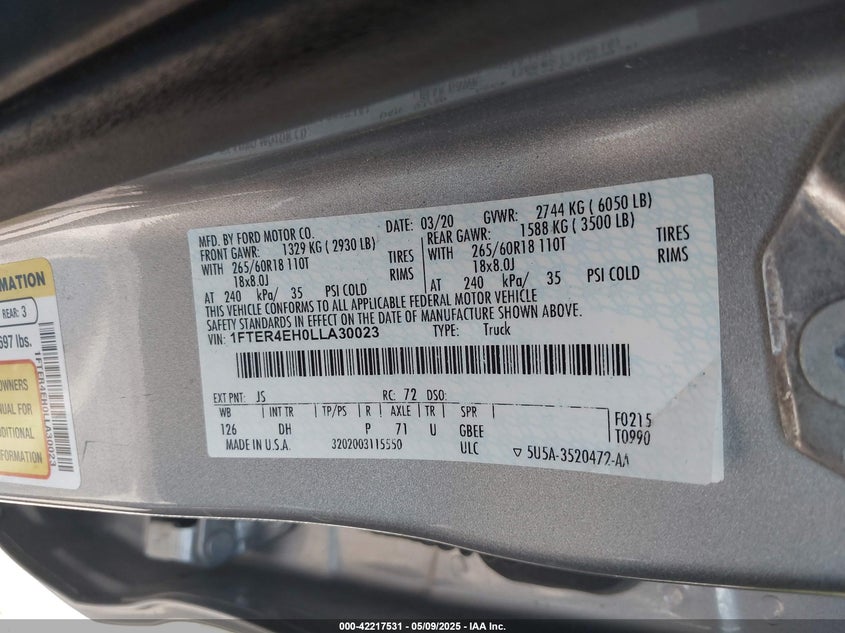 2020 FORD RANGER LARIAT - 1FTER4EH0LLA30023