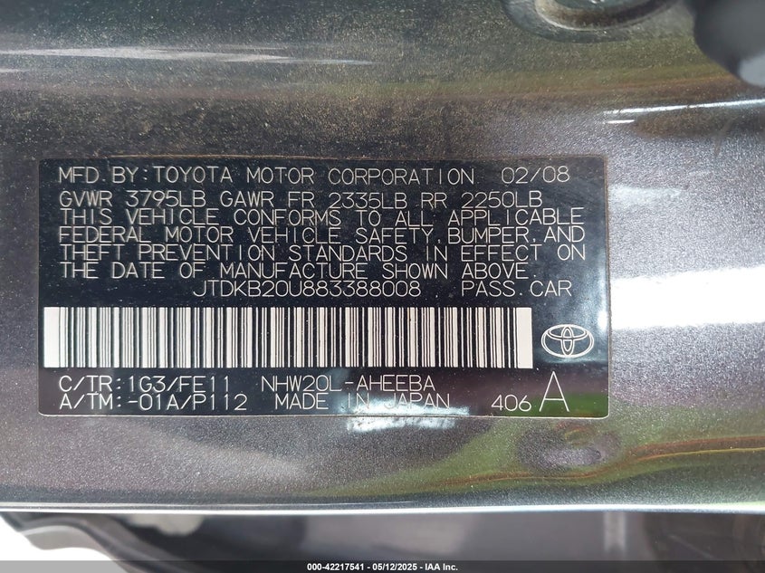 2008 TOYOTA PRIUS VIN: JTDKB20U883388008