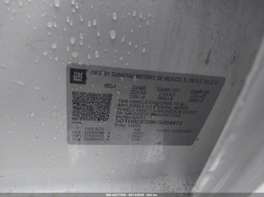 2019 GMC SIERRA 1500 SLT - 3GTU9DED8KG204473