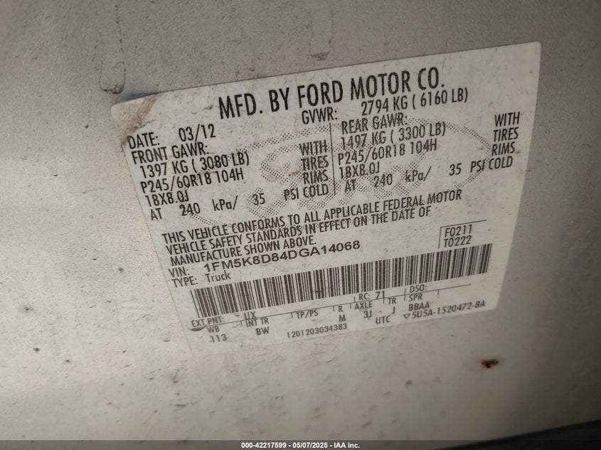 2013 FORD EXPLORER VIN: 1FM5K8D84DGA14068
