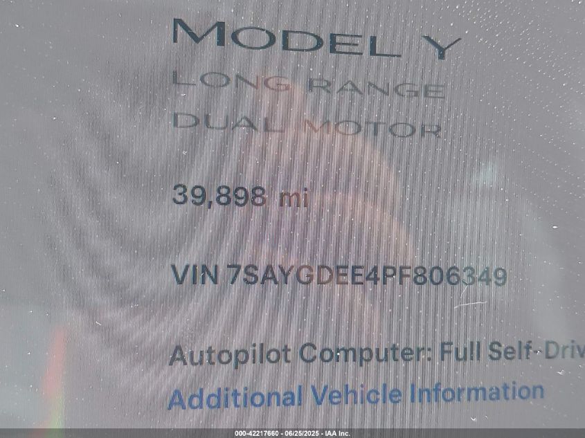 2023 Tesla Model Y Awd/Long Range Dual Motor All-Wheel Drive VIN: 7SAYGDEE4PF806349 Lot: 42217660