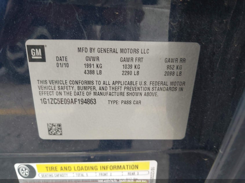 2010 CHEVROLET MALIBU VIN: 1G1ZC5E09AF194863