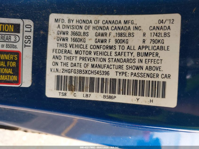 2012 Honda Civic Lx VIN: 2HGFG3B5XCH545396 Lot: 42217692