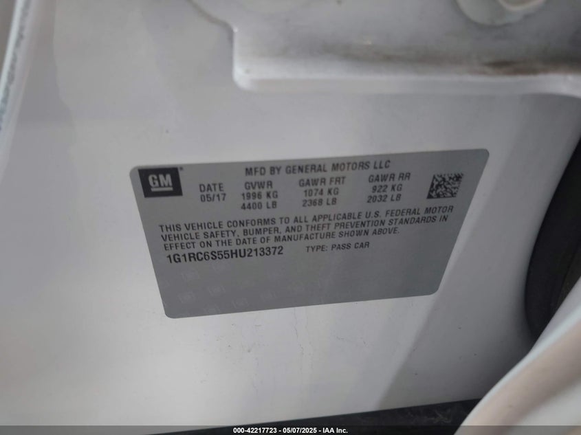 2017 CHEVROLET VOLT VIN: 1G1RC6S55HU213372