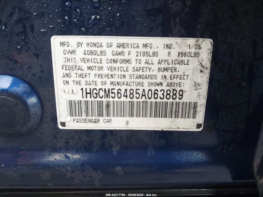 2005 Honda Accord 2.4 Lx VIN: 1HGCM56485A063889 Lot: 42217760