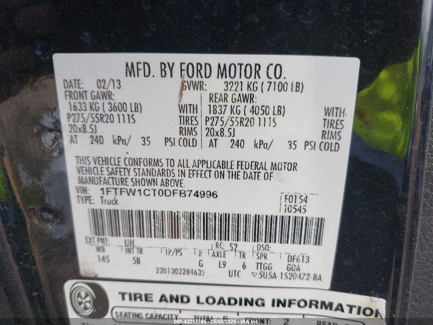 2013 FORD F-150 VIN: 1FTFW1CT0DFB74996