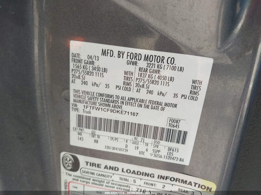 2013 FORD F-150 VIN: 1FTFW1CF9DKE71167