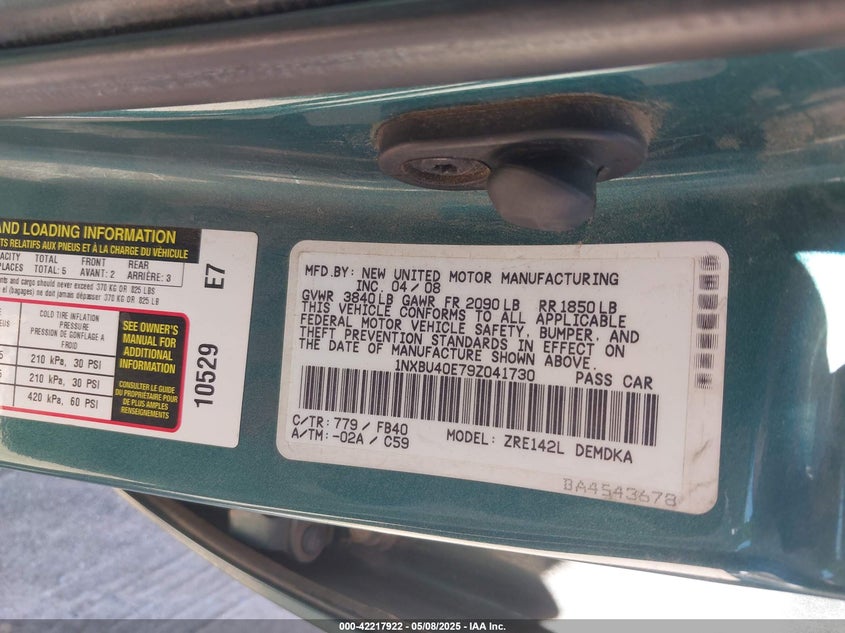 2009 TOYOTA COROLLA VIN: 1NXBU40E79Z041730