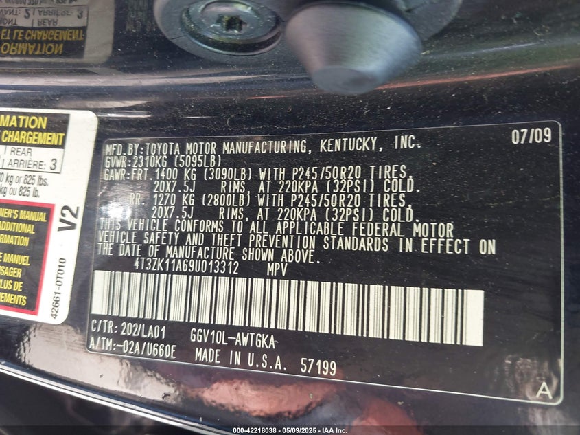 2009 TOYOTA VENZA VIN: 4T3ZK11A69U013312