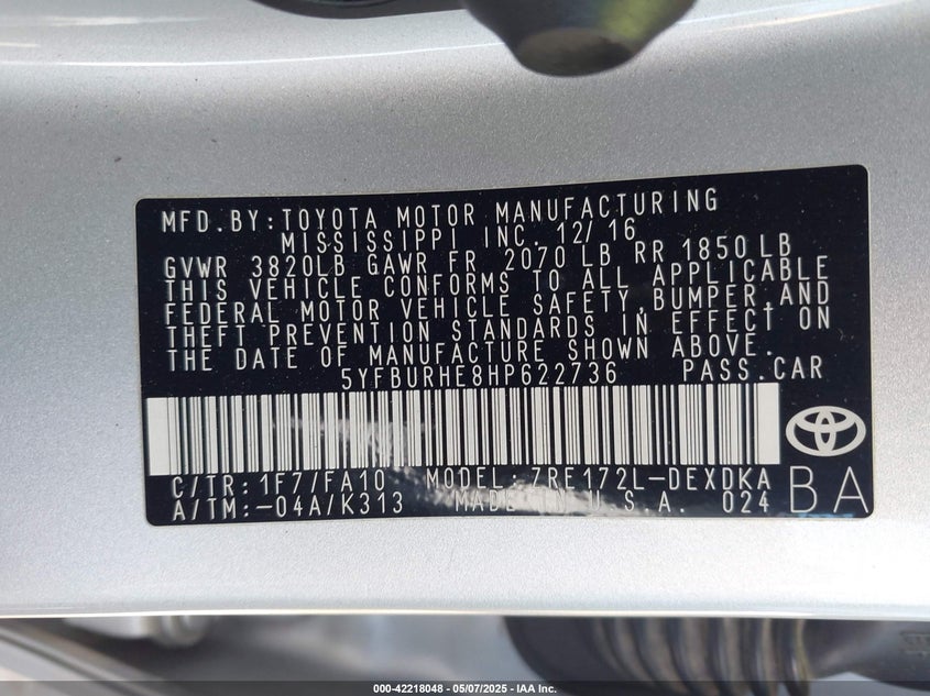 2017 TOYOTA COROLLA L - 5YFBURHE8HP622736