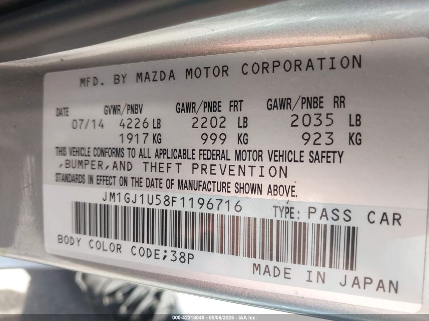 2015 Mazda Mazda6 I Sport VIN: JM1GJ1U58F1196716 Lot: 42218049