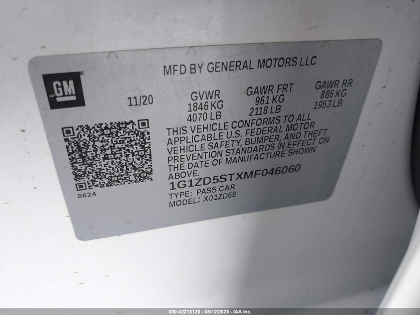 2021 CHEVROLET MALIBU VIN: 1G1ZD5STXMF046060