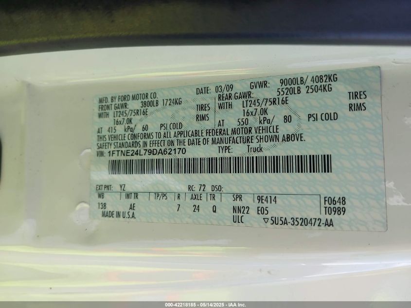 2009 Ford E-250 Commercial/Recreational VIN: 1FTNE24L79DA62170 Lot: 42218185