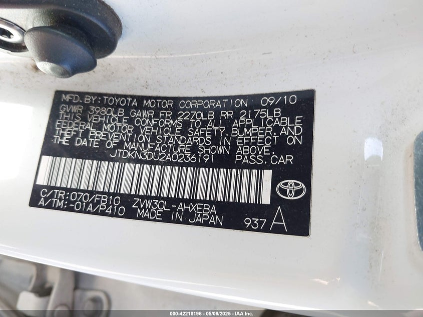 2010 TOYOTA PRIUS VIN: JTDKN3DU2A0236191